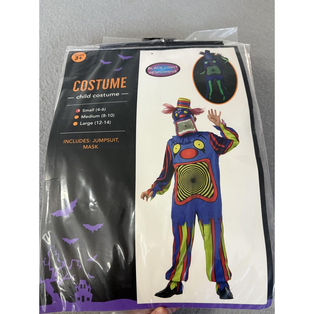 Kids Clown Costume Youth S Black Light Responsive Glow‎ Jumpsuit Mask Multicolor